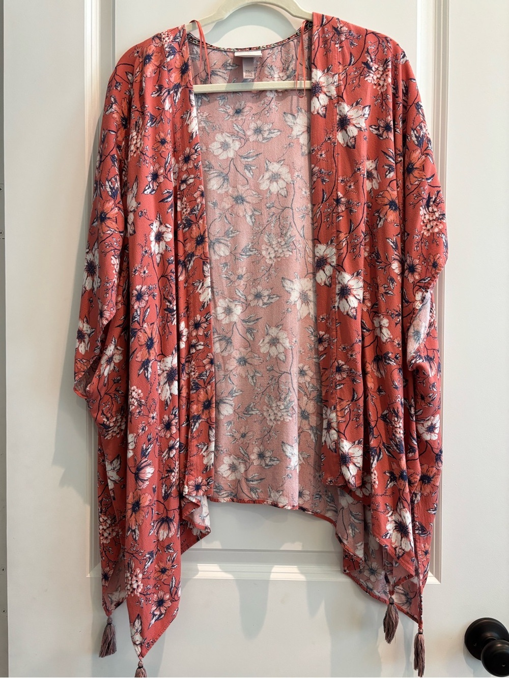 Knox Rose Floral Tassel Kimono Cardigan Coral Boho XL XXL Duster Wrap - Picture 2 of 5